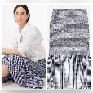 NWT J.Crew gingham smocked midi skirt featuring a ruffled hem navy white